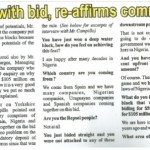 YORKSHIRE ENERGY WORLD HAPPY WITH BID, RE-AFFIRMS COMMITMENT TO NIGERIA